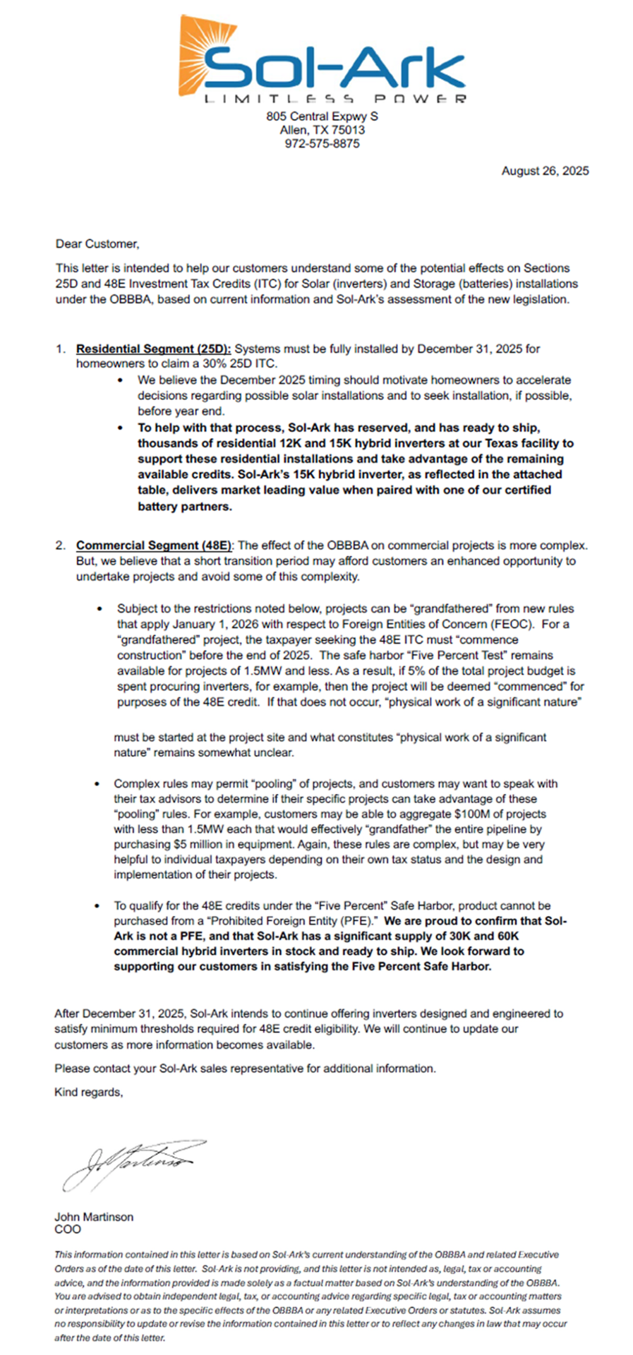 Sol-Ark ITC Guidance Letter for Homeowners and Businesses